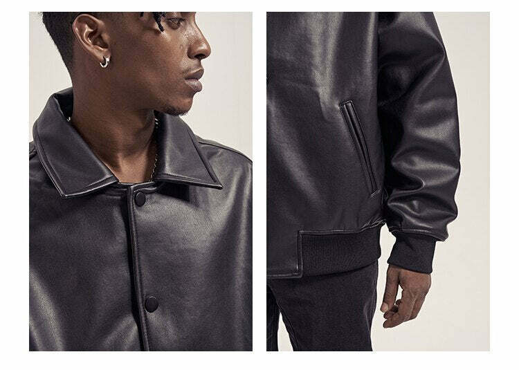 Vintage-Inspired Faux Leather Jacket with 90s Aesthetic Vibe Vintage-Inspired Faux Leather Jacket with 90s Aesthetic Vibe