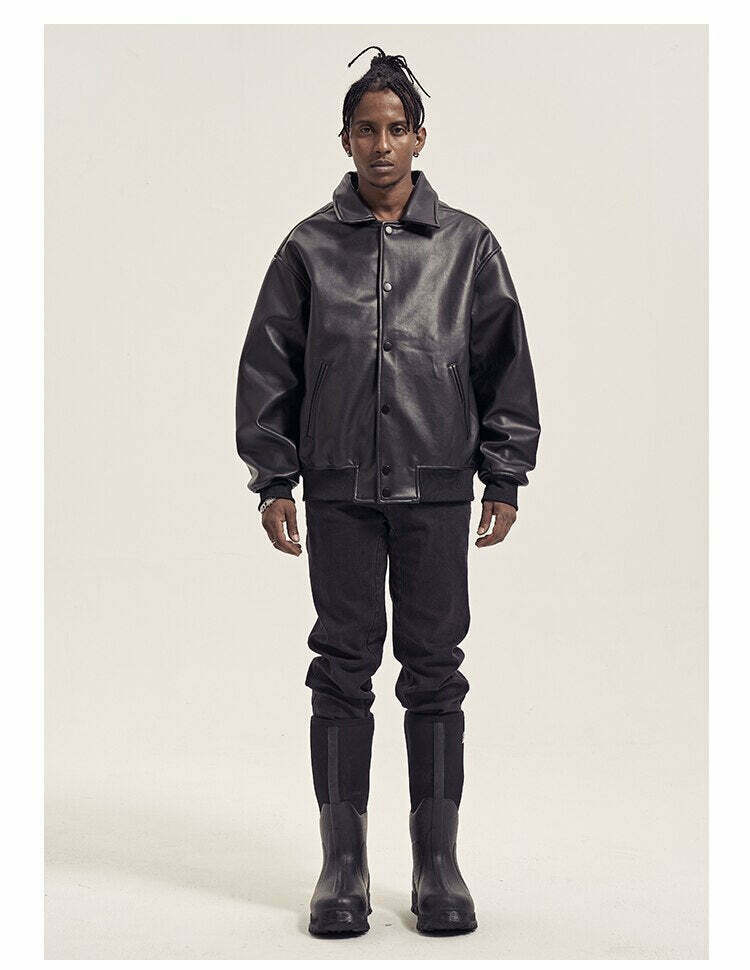 Vintage-Inspired Faux Leather Jacket with 90s Aesthetic Vibe Vintage-Inspired Faux Leather Jacket with 90s Aesthetic Vibe