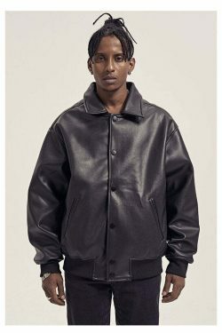 Vintage-Inspired Faux Leather Jacket with 90s Aesthetic Vibe