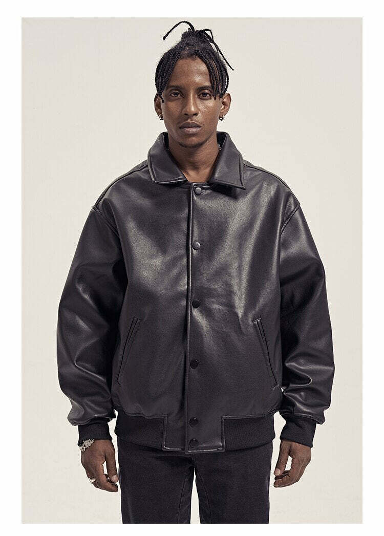 Vintage-Inspired Faux Leather Jacket with 90s Aesthetic Vibe Vintage-Inspired Faux Leather Jacket with 90s Aesthetic Vibe