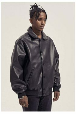 Vintage-Inspired Faux Leather Jacket with 90s Aesthetic Vibe