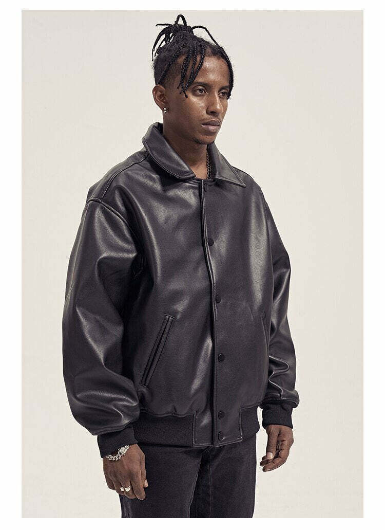 Vintage-Inspired Faux Leather Jacket with 90s Aesthetic Vibe Vintage-Inspired Faux Leather Jacket with 90s Aesthetic Vibe