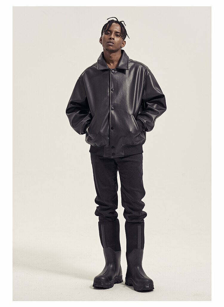 Vintage-Inspired Faux Leather Jacket with 90s Aesthetic Vibe Vintage-Inspired Faux Leather Jacket with 90s Aesthetic Vibe