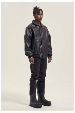 Vintage-Inspired Faux Leather Jacket with 90s Aesthetic Vibe