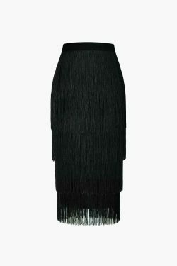 Vintage-Inspired Fringed Tiered Midi Skirt for Y2K Fashion Enthusiasts