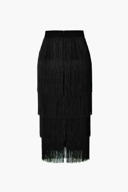 Vintage-Inspired Fringed Tiered Midi Skirt for Y2K Fashion Enthusiasts