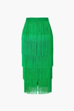 Vintage-Inspired Fringed Tiered Midi Skirt for Y2K Fashion Enthusiasts