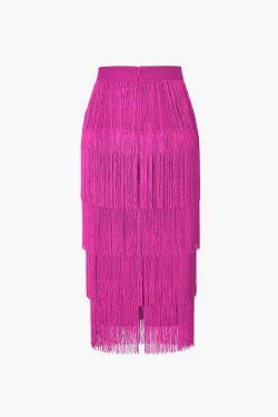 Vintage-Inspired Fringed Tiered Midi Skirt for Y2K Fashion Enthusiasts