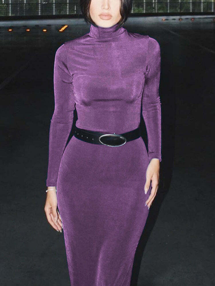 Vintage-inspired High-neck Long-sleeved Slim Dress - Y2K Coquette & Grunge A