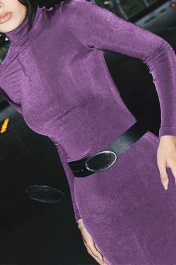 Vintage-inspired High-neck Long-sleeved Slim Dress - Y2K Coquette & Grunge A