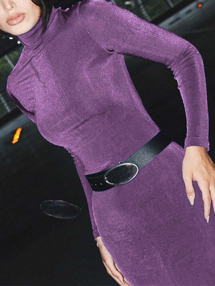 Vintage-inspired High-neck Long-sleeved Slim Dress - Y2K Coquette & Grunge A