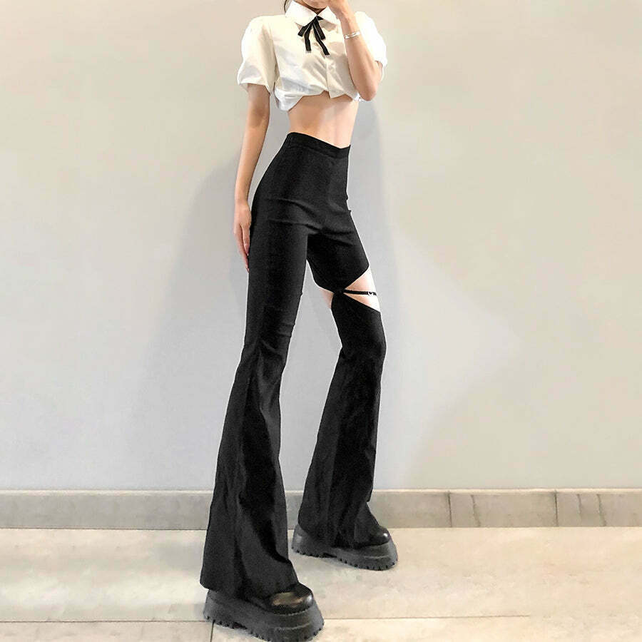 Vintage-Inspired High-Waisted Flared Trousers for Women - Y2K Fashion with a Coquette Aesthetic