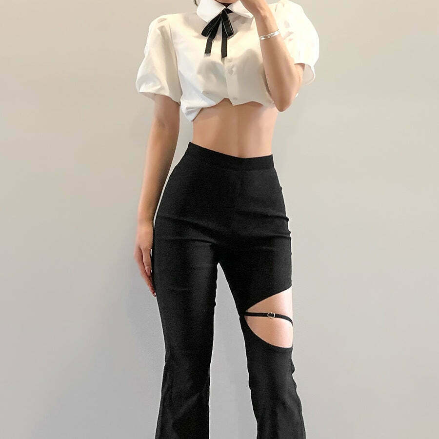 Vintage-Inspired High-Waisted Flared Trousers for Women - Y2K Fashion with a Coquette Aesthetic