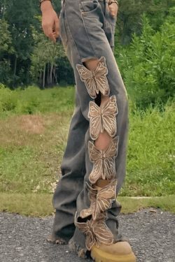 Vintage-Inspired High Waist Embroidered Ripped Jeans - Coquette Aesthetic, Y2K Fashion, Grunge Style