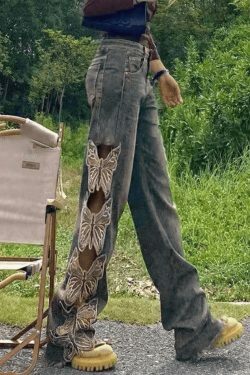 Vintage-Inspired High Waist Embroidered Ripped Jeans - Coquette Aesthetic, Y2K Fashion, Grunge Style