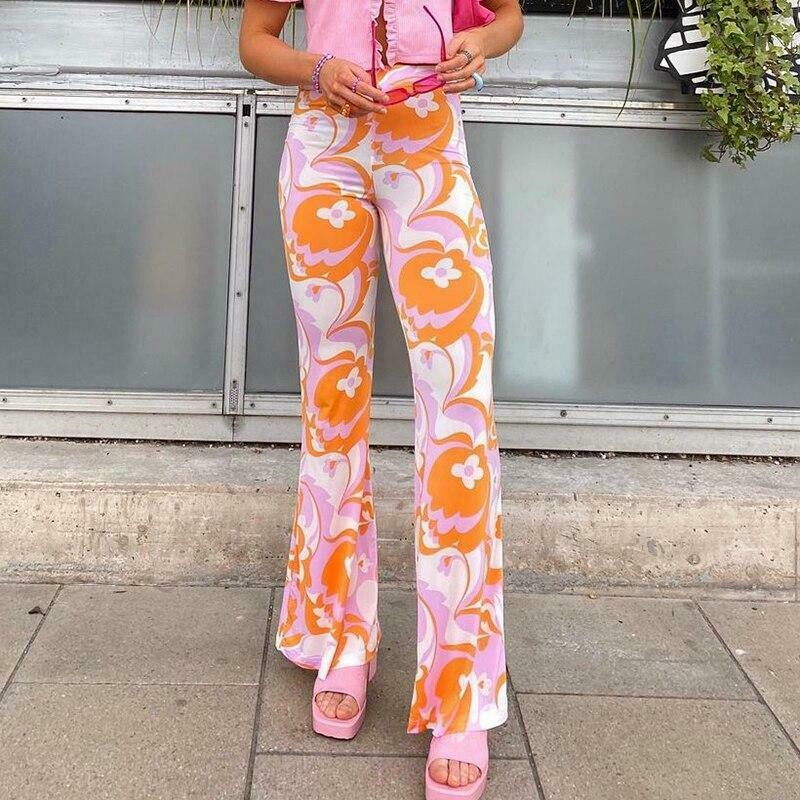 Vintage-Inspired High Waist Floral Boot Cut Pants - Y2K Fashion with Coquette Aesthetic