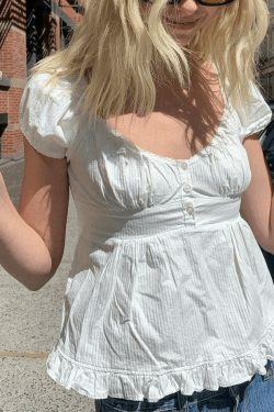 Vintage-Inspired Puff Sleeve Ruffle Blouse - Y2K Fashion Aesthetic with Coquette & Grunge Vibes