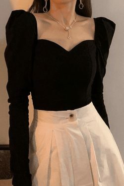 Vintage-Inspired Ruched Puff Sleeve Blouse for Y2K Fashion Enthusiasts