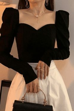 Vintage-Inspired Ruched Puff Sleeve Blouse for Y2K Fashion Enthusiasts