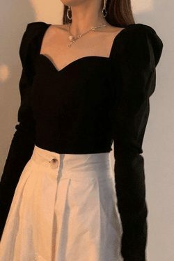 Vintage-Inspired Ruched Puff Sleeve Blouse for Y2K Fashion Enthusiasts
