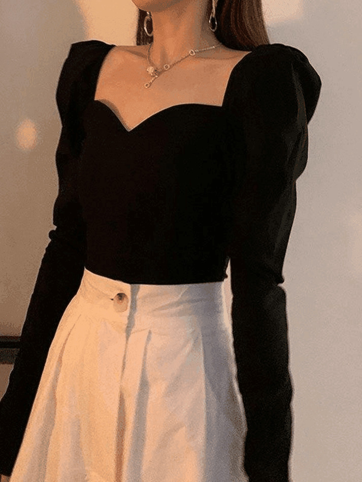 Vintage-Inspired Ruched Puff Sleeve Blouse for Y2K Fashion Enthusiasts Vintage-Inspired Ruched Puff Sleeve Blouse for Y2K Fashion Enthusiasts