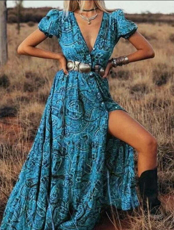 Vintage-Inspired Short-Sleeve Maxi Boho Dress - Y2K Fashion with Coquette Aesthetic & Grunge Style