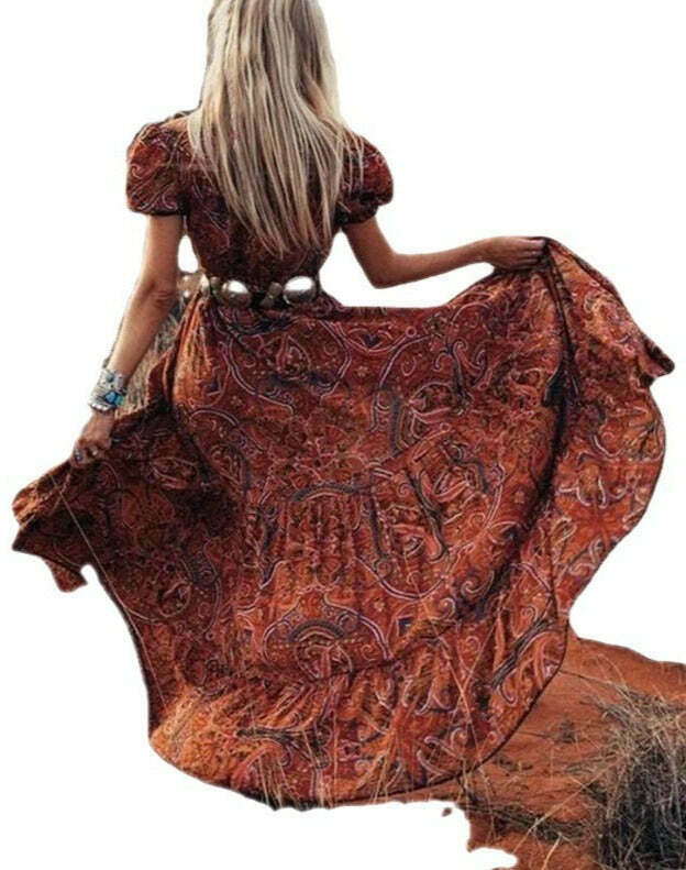 Vintage-Inspired Short-Sleeve Maxi Boho Dress - Y2K Fashion with Coquette Aesthetic & Grunge Style