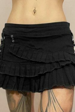 Vintage-Inspired Tiered Pleated Denim Mini Skirt for Women - Y2K Fashion Aesthetic