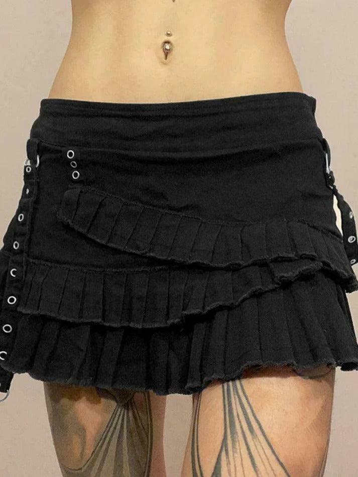 Vintage-Inspired Tiered Pleated Denim Mini Skirt for Women - Y2K Fashion Aesthetic