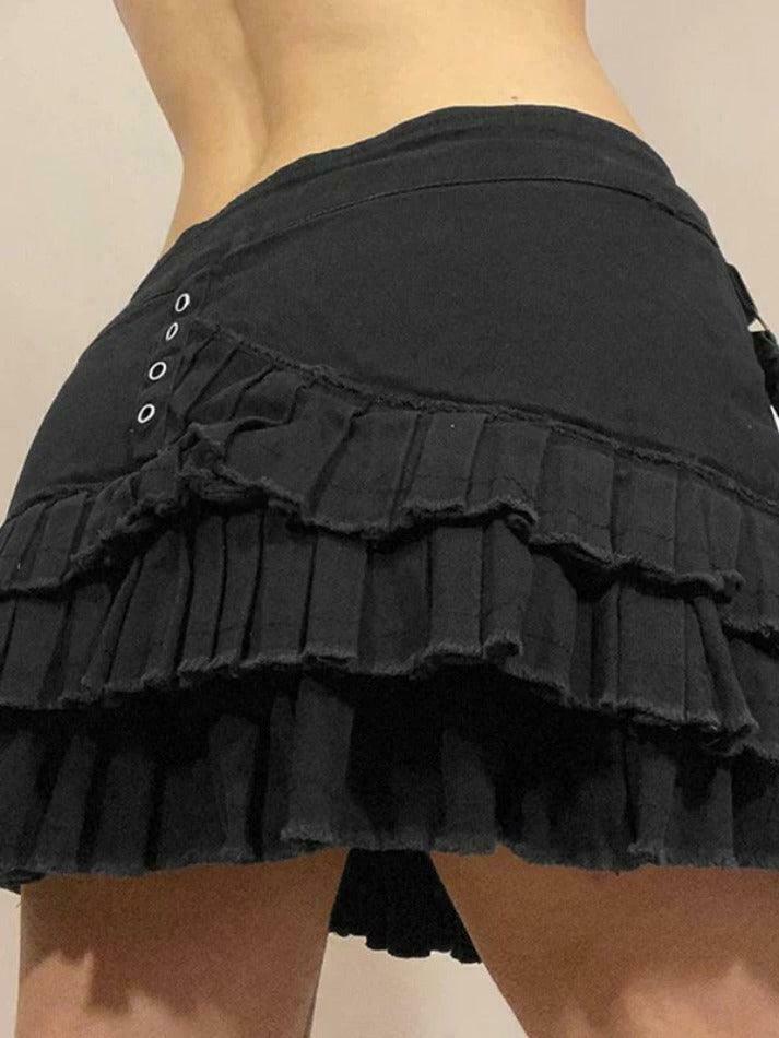 Vintage-Inspired Tiered Pleated Denim Mini Skirt for Women - Y2K Fashion Aesthetic