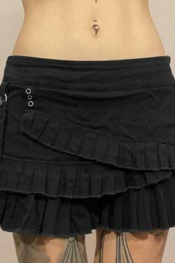 Vintage-Inspired Tiered Pleated Denim Mini Skirt for Women - Y2K Fashion Aesthetic
