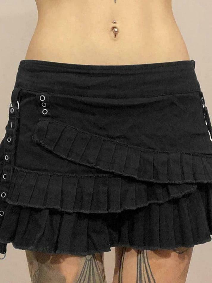 Vintage-Inspired Tiered Pleated Denim Mini Skirt for Women - Y2K Fashion Aesthetic