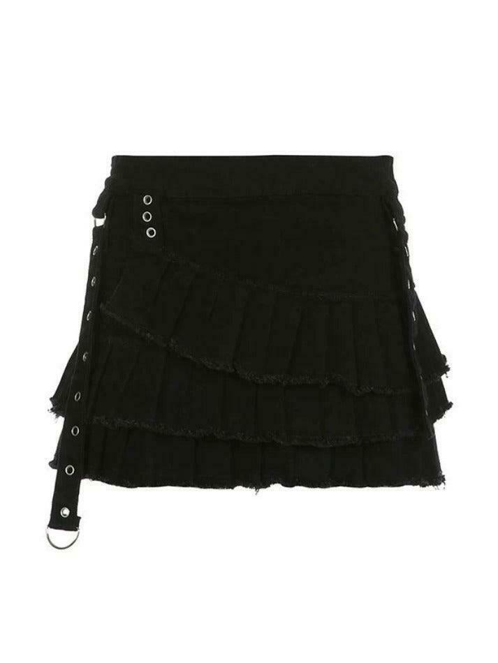 Vintage-Inspired Tiered Pleated Denim Mini Skirt for Women - Y2K Fashion Aesthetic