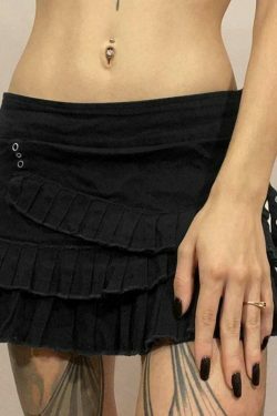 Vintage-Inspired Tiered Pleated Denim Mini Skirt for Women - Y2K Fashion Aesthetic