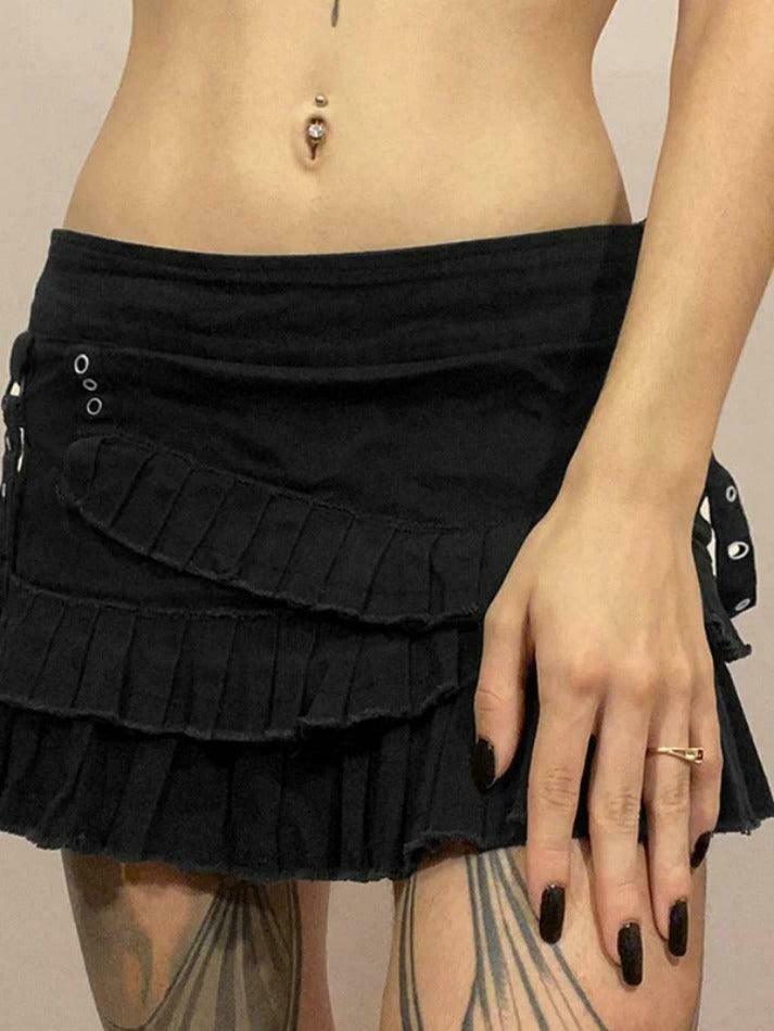 Vintage-Inspired Tiered Pleated Denim Mini Skirt for Women - Y2K Fashion Aesthetic