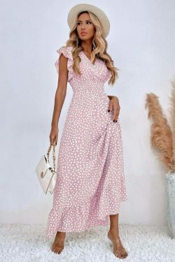 Vintage-Inspired V-Neck Ruffle Sleeve Dress with High Waist - Y2K Fashion Aesthetic