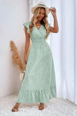 Vintage-Inspired V-Neck Ruffle Sleeve Dress with High Waist - Y2K Fashion Aesthetic