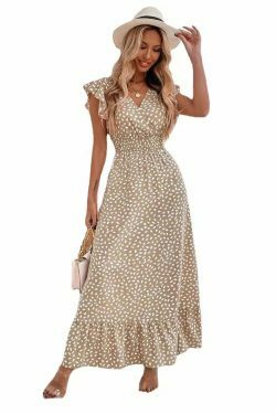 Vintage-Inspired V-Neck Ruffle Sleeve Dress with High Waist - Y2K Fashion Aesthetic