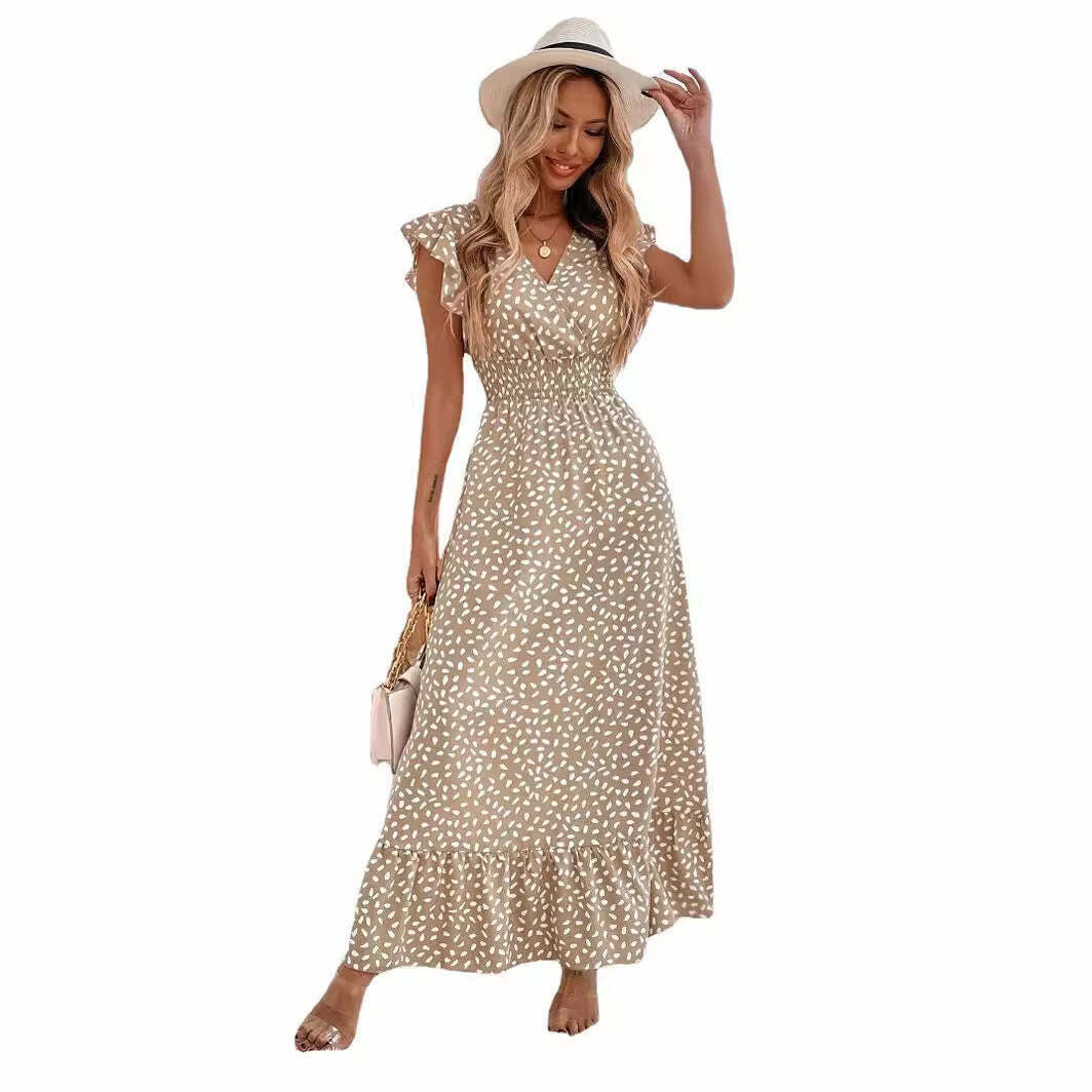 Vintage-Inspired V-Neck Ruffle Sleeve Dress with High Waist - Y2K Fashion Aesthetic