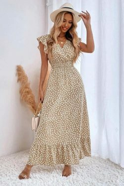 Vintage-Inspired V-Neck Ruffle Sleeve Dress with High Waist - Y2K Fashion Aesthetic