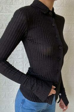Vintage-Inspired Vertical Stripe Lapel Knit Sweater - Y2K Fashion with Coquette & Grunge Aesthetic