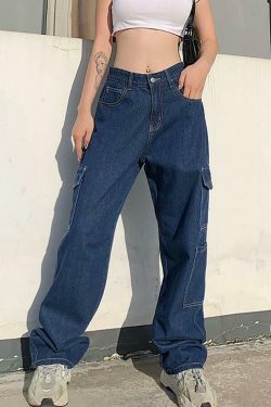 Vintage-Inspired Y2K Boyfriend Jeans with Side Pockets - Coquette Aesthetic Grunge Style