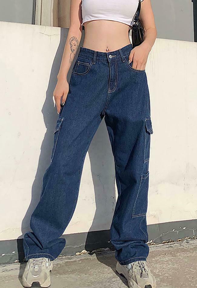 Vintage-Inspired Y2K Boyfriend Jeans with Side Pockets - Coquette Aesthetic Grunge Style