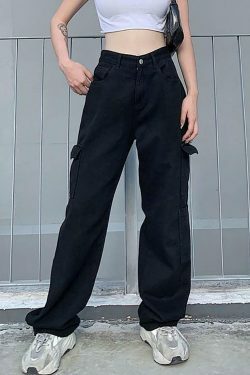 Vintage-Inspired Y2K Boyfriend Jeans with Side Pockets - Coquette Aesthetic Grunge Style