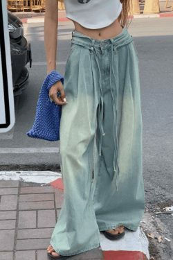 Vintage-Inspired Y2K Drawstring Cargo Skirt for Women - Coquette Aesthetic Wide-Leg Denim