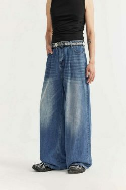 Vintage-Inspired Y2K Wide Leg Denim Jeans for Women - Coquette Aesthetic with a Grunge Twist