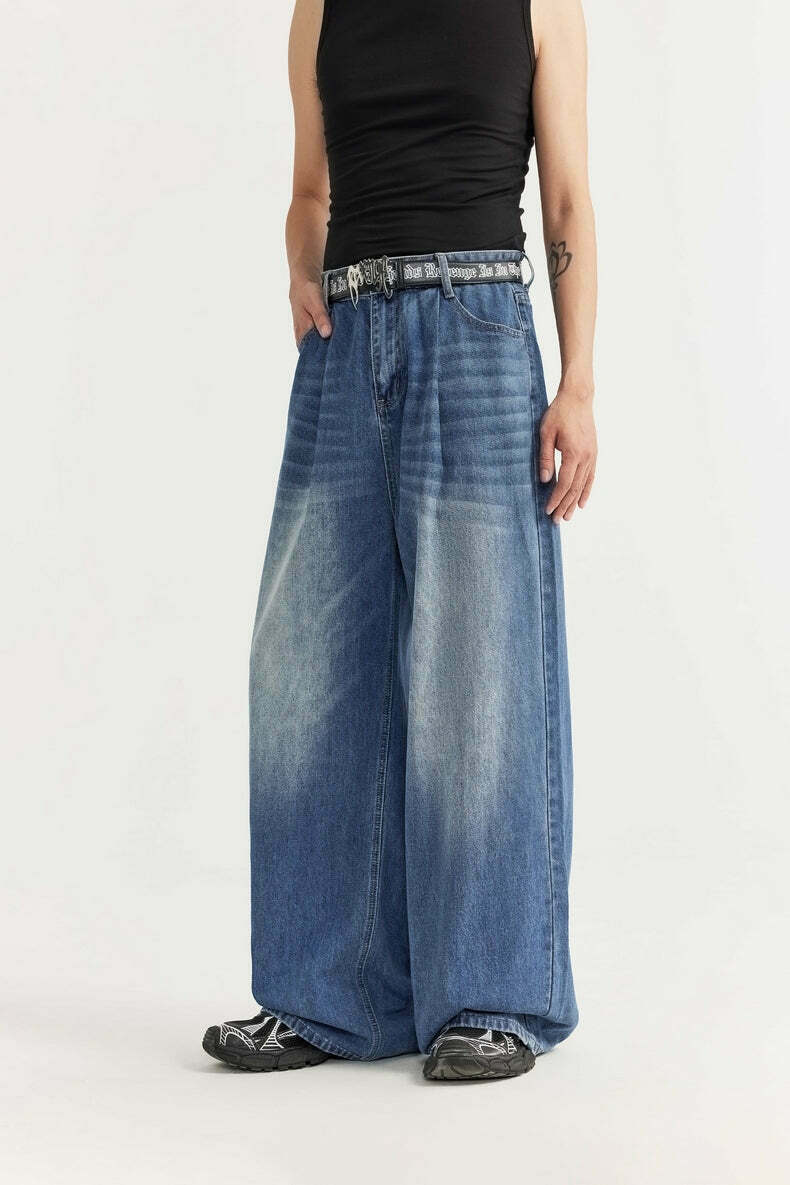 Vintage-Inspired Y2K Wide Leg Denim Jeans for Women - Coquette Aesthetic with a Grunge Twist