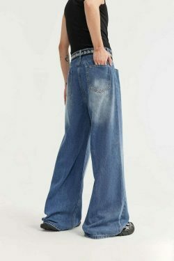 Vintage-Inspired Y2K Wide Leg Denim Jeans for Women - Coquette Aesthetic with a Grunge Twist