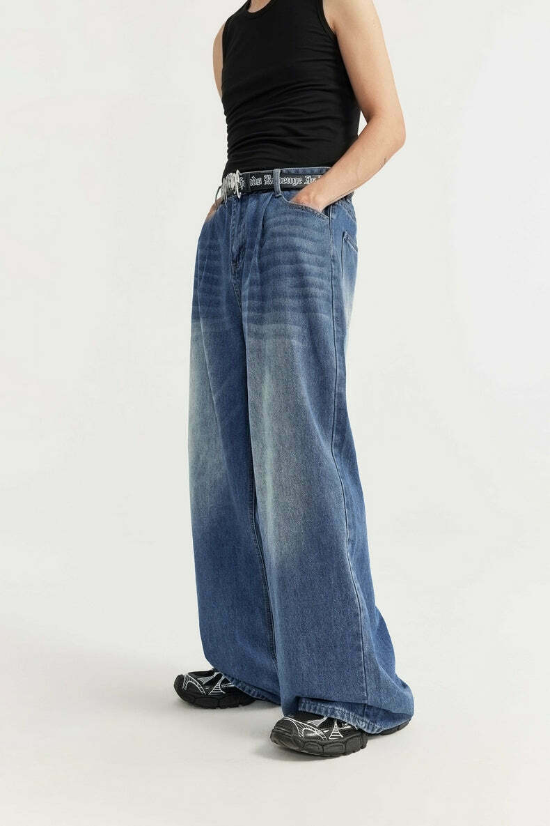 Vintage-Inspired Y2K Wide Leg Denim Jeans for Women - Coquette Aesthetic with a Grunge Twist