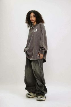 Vintage Acid Wash Ripped Long Sleeve: Y2K Grunge Aesthetic Top for Women